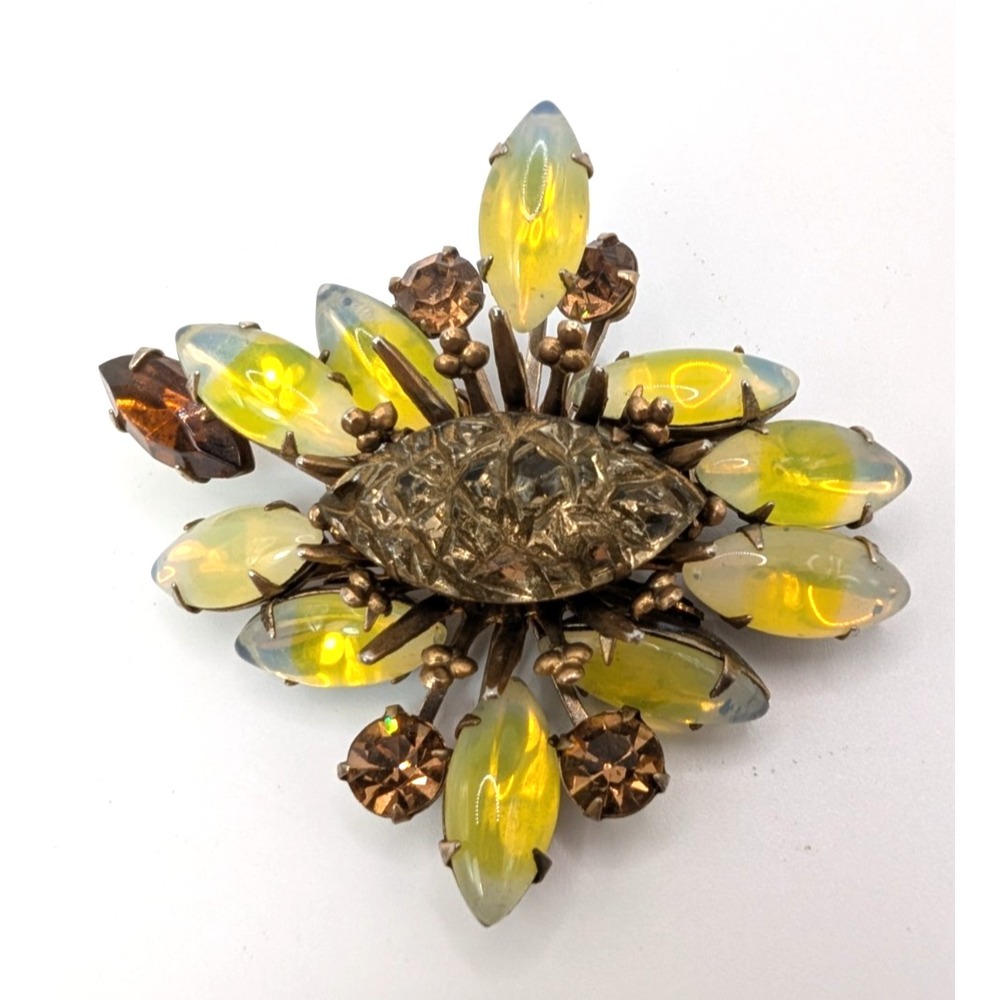 Vintage Givre Glass Navette Starburst Brooch Pin Yellow Amber Topaz Statement